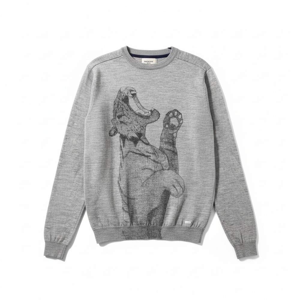Supremebeing Grey Knit Sweater Lion panther Graphic Crew Neck Womens L